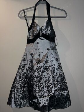 Size 4 Halter Style Roberta Bridal Black and Silver Satin Dress w/Crystal Broach